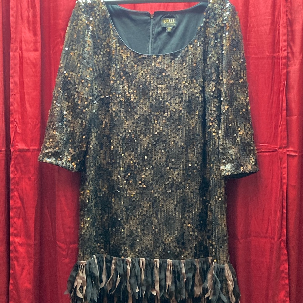 Ignite Evenings Dress Womens 20W Flapper  Dress Multi Colored Brown Black